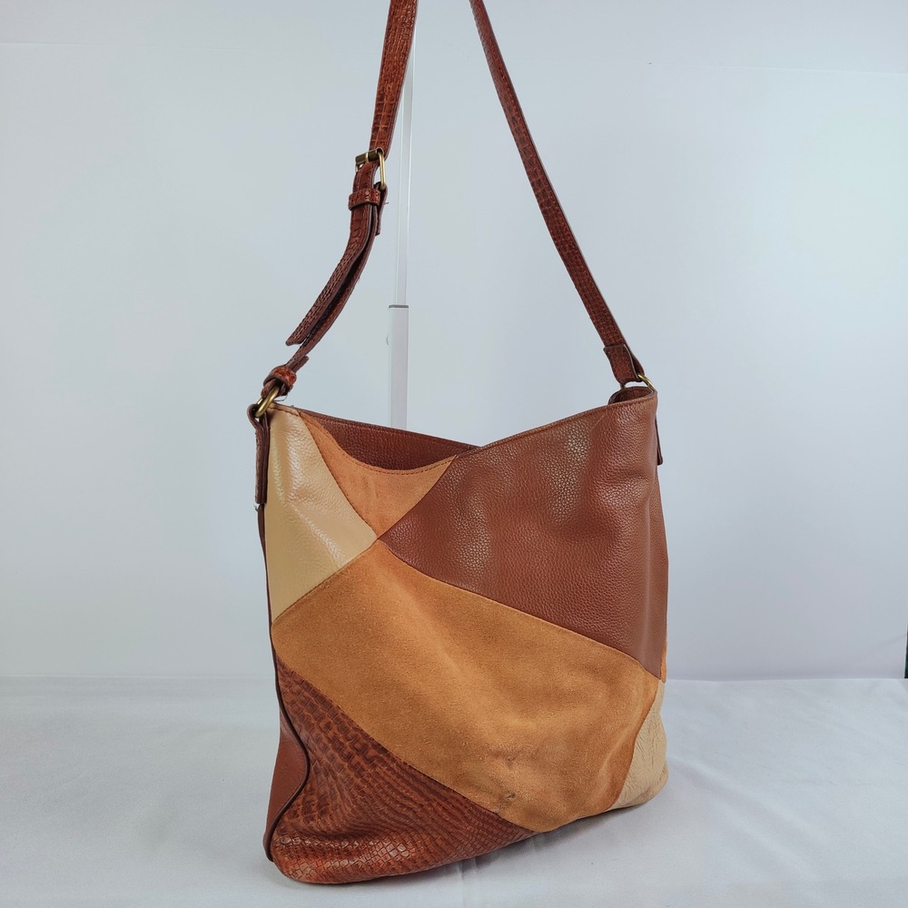 Lucky Brand Leather Patchwork Hobo Shoulder Bag Boho Western Suede Brown Tote